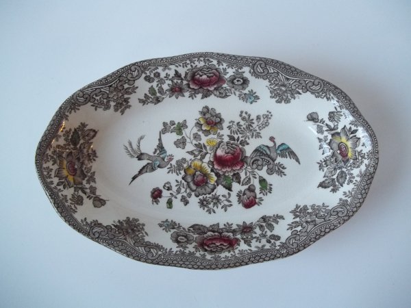 Platte oval gross "Oriental Pheasants" Braun Bunt