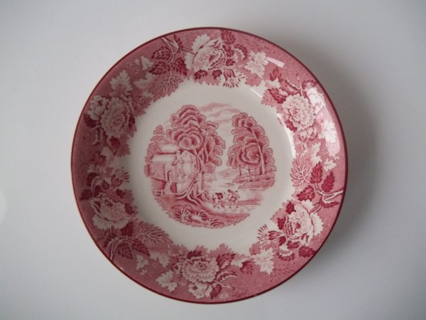 Suppenteller "English Scenery" Rot Dekor alt